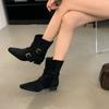Fashion Winter Suede Women Ankle Boots Square Toe Retro Mid Heels Shoes 2025 Trend Designer Buckle Chunky Pumps Classic Botas De Mujer