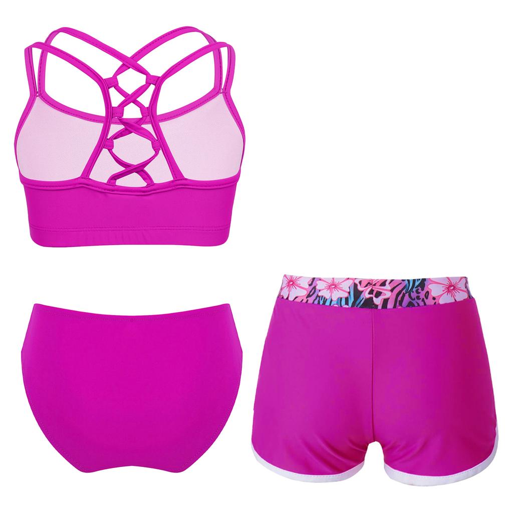 Girls 2 Piece Swim Set Strappy Back Crop Top Elastic Briefs Swim Shorts Beach Pool Sun Outfit