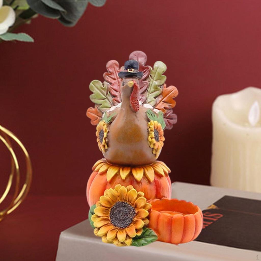 Candle Holder Turkey Statue with Pumpkin Ornament Decoration Thanksgiving Sculpture Resin Figurine