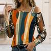 Women Plus Size Asymmetric Cold Shoulder T Shirt Abstract Printed Sheer Floral Embroidered Long Sleeve Top