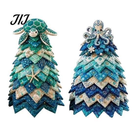Easy Handmade Projects for Beginners 2PCS DIY Quilted Sewing Christmas Tree Kit, Whale+Crab/Turtle+Octopus Marine Theme, Ocean Themed Sensory