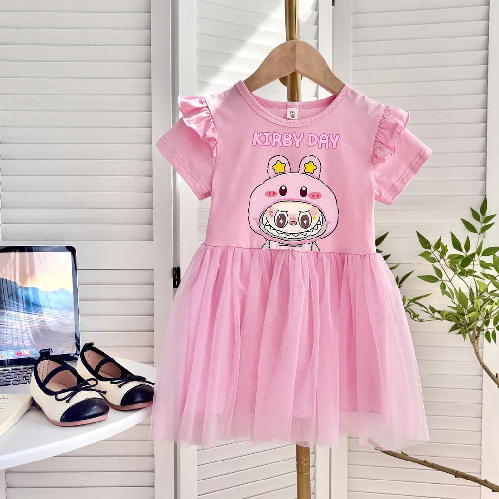 Принцесса Тюлевое Платье для Девочек, Детские Летящие Рукава, Короткие Рукава, Цельное Платье на Лето