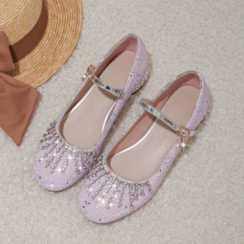 Четыре сезона носить девочки одинарная обувь милый колледж пряжка говяжья подошва мягкая подошва дети старшего возраста с блестками хрустальная обувь новая детская кожаная обувь