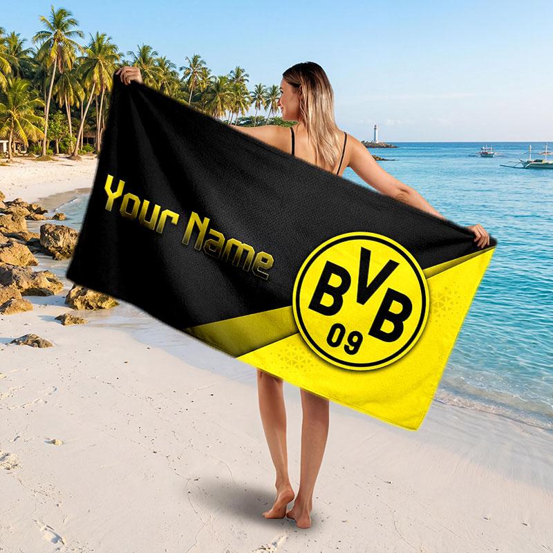 Borussia Dortmund Custom Beach Towel, Personalized Name Text Print, Football Logo Soft Quick‑Dry Towel Holiday Gift