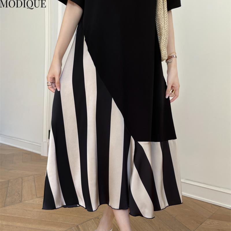 MODIQUE Летние Большие Размеры Новые Женские Свободные Базовые Футболки Шелковые Полоски Лоскутные Длинные Платья Женские Повседневные Платья С Коротким Рукавом О-Образным Вырезом