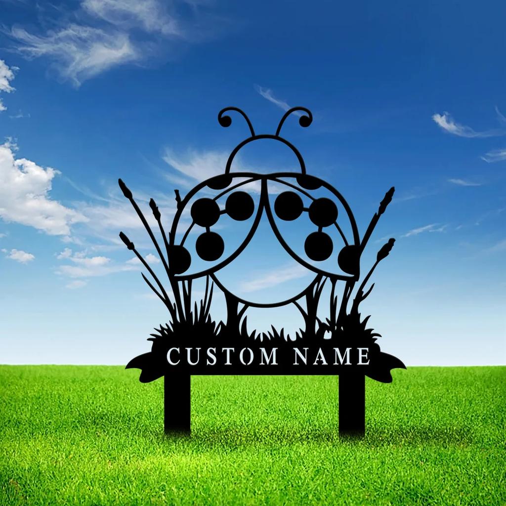 Metal Garden Stake Decor Personalized Ladybugs Outdoor Ornament