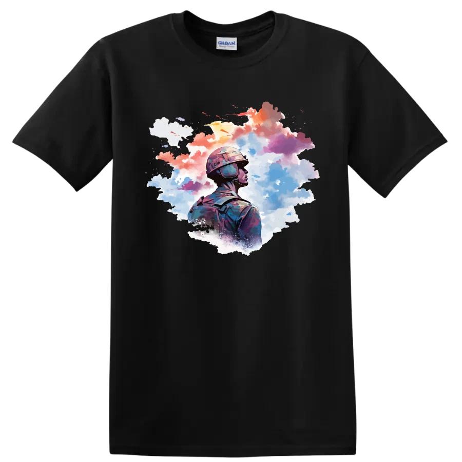 Soldier Silhouette T Shirt Military Art w/ Colorful Background Tee
