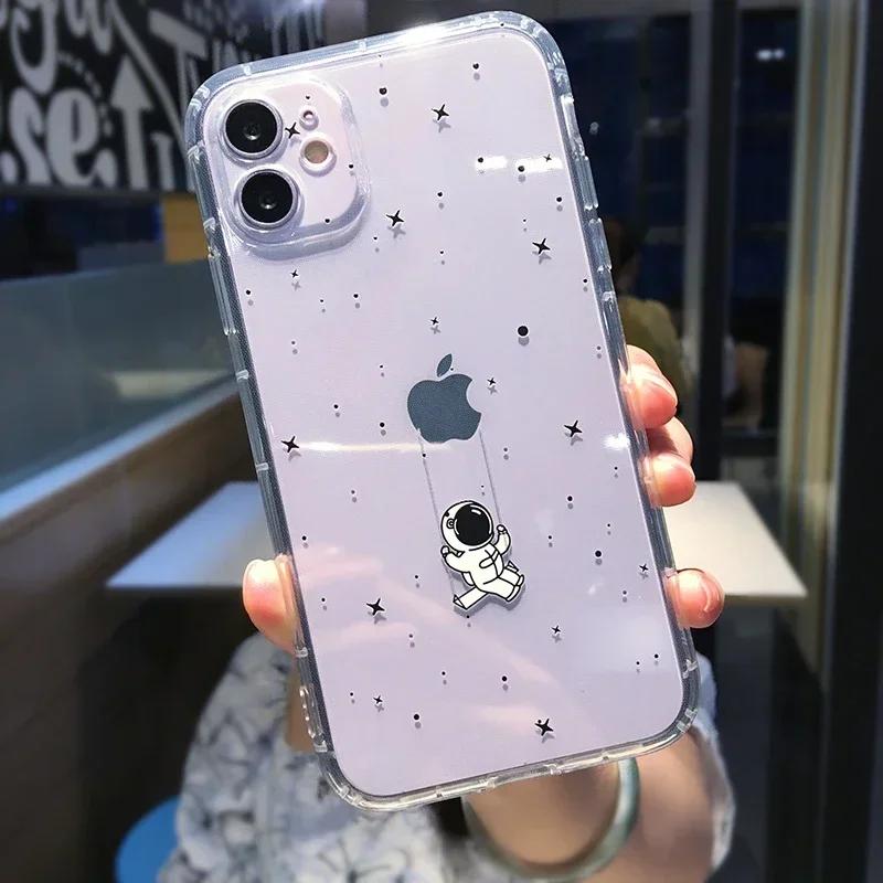 Забавный Мультяшный Чехол Астронавт для Телефона iPhone 16 15 14 13 12 11 Pro Max Mini X XS XR 7 8 Plus Ударопрочный Прозрачный Мягкий Чехол