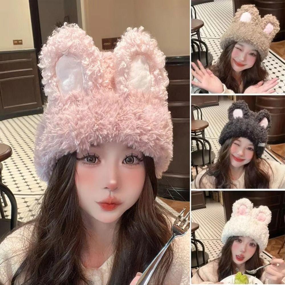 Elastic Rabbit Ear Beanies Solid Color Winter Outdoor Warm Cap Knitted Plush Hat Autumn Winter