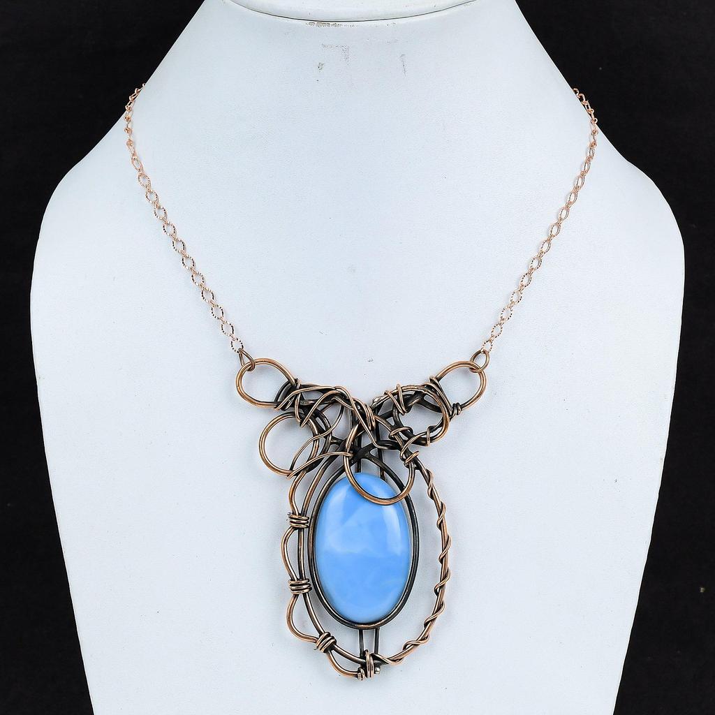 Ожерелье с голубым опалом Оуайхи, обернутое медной проволокой, ожерелье с регулируемой цепочкой, ювелирные изделия из меди с драгоценными камнями, ожерелье ручной работы, подарки на помолвку