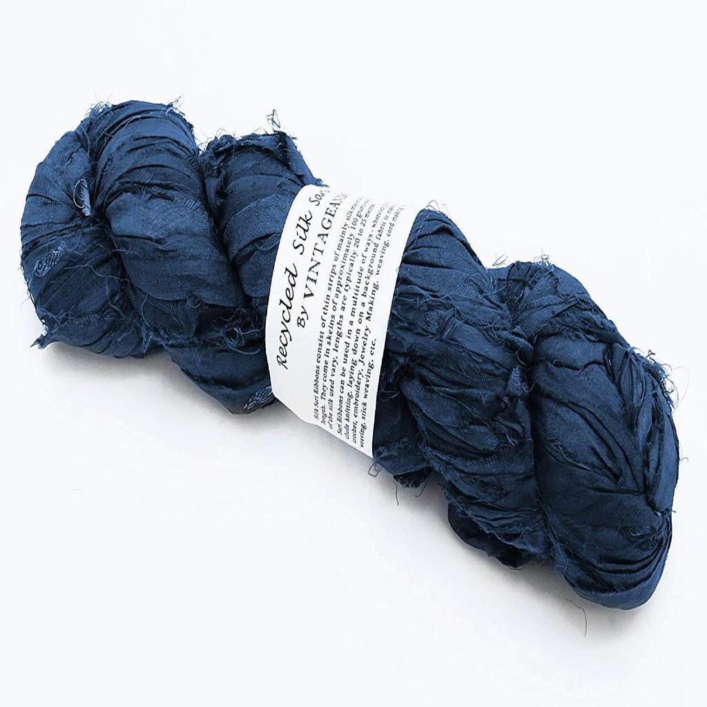 100g Recycled Sari Silk Ribbon Yarn, Jewelry Making Trim - Blue Mix