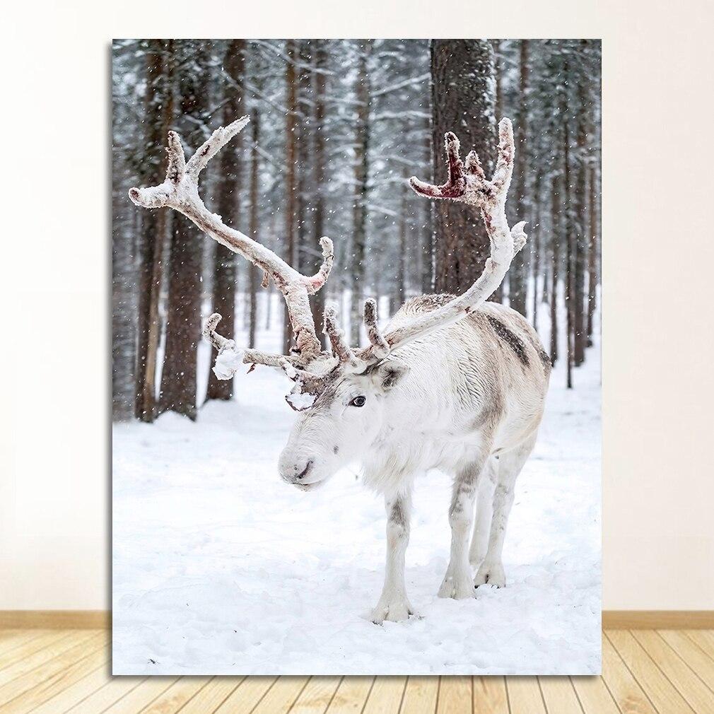 Лесной Олень Кедр Зима Снег Лес Настенное Искусство Холст Живопись Скандинавские Постеры и Настенные Картины Гостиная Дом Декор