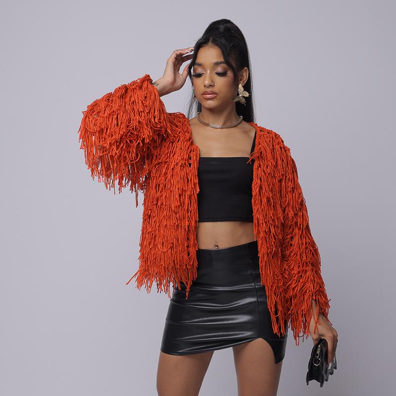 Spring Hand-Knitted Tassel Open Knit Cardigan Sweater - Women's European & American Style