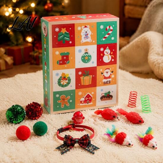Holiday Pet Gift Box Christmas Cat 12 Days 2026 Advent Calendar Toys Set Countdown Festive for Lovers with Interactive Mice Balls