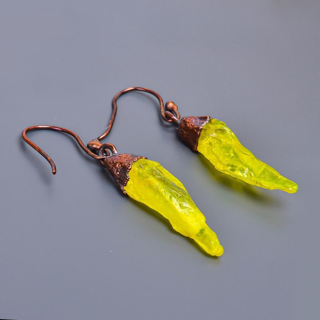 Необработанный желтый топаз Уникальные авторские висячие модные серьги Ювелирные изделия Медь V-7
