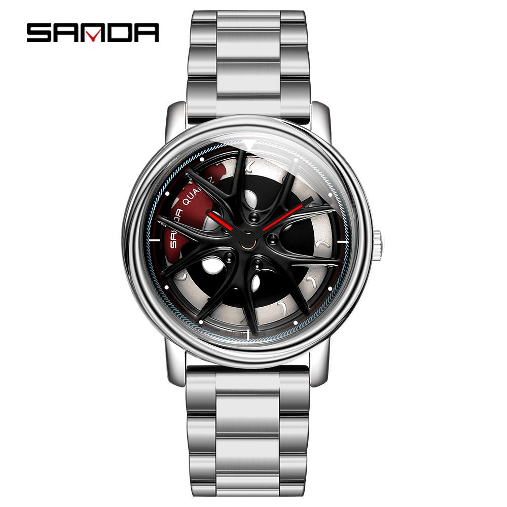 SANDA Top Men Quartz Watches Sports Car Watch Waterproof Sport 360℃ Rotating Rim Hub Wheel Wristwatch Car Quartz Men's Watches