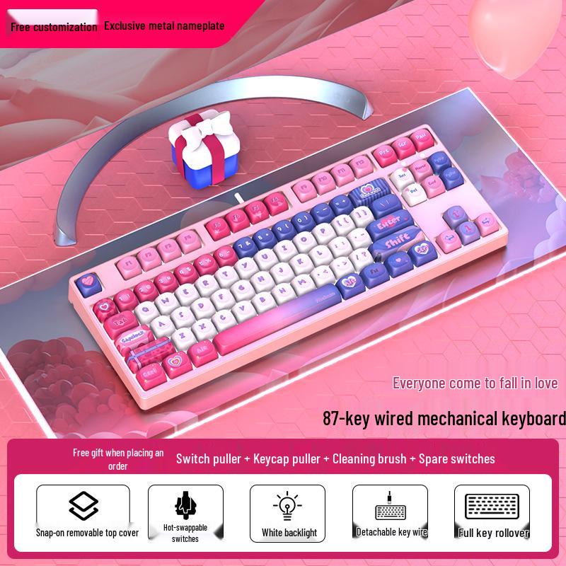 Moa Тематическая проводная механическая игровая клавиатура на 87 клавиш – Милый дизайн PBT для офиса или киберспорта