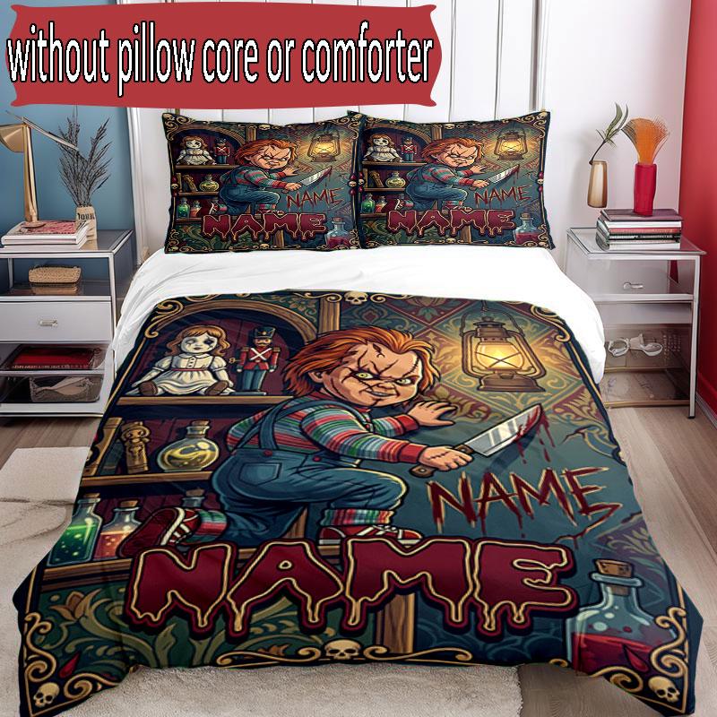 3pcs Duvet Cover Set (1*Duvet Cover + 2*Pillowcase, Without Core), Custom Name Horror Theme Chucky Pattern Bedding Set, Home Bedroom Decor Gift
