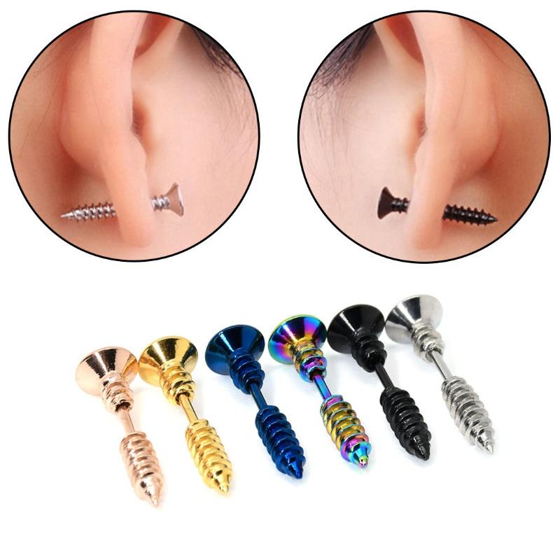 2Pcs 316L Stainless Steel Nail Screw Stud Earring for Women & Men Fashion Punk Cartilage Ear Piercings Jewelry
