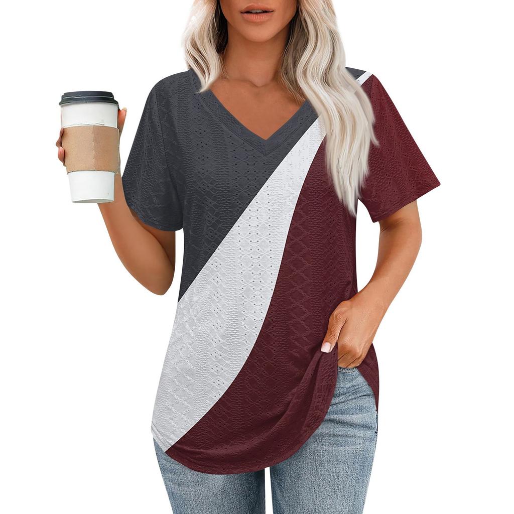 Womens T Shirts V Neck Short Sleeve Casual Tops Loose Fit Basic Tees With Curved Hem