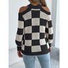 QICED Autumn and Winter Casual Off-the-shoulder, Color-blocking Checkered Lantern Long-sleeved Sweater Women's Wear