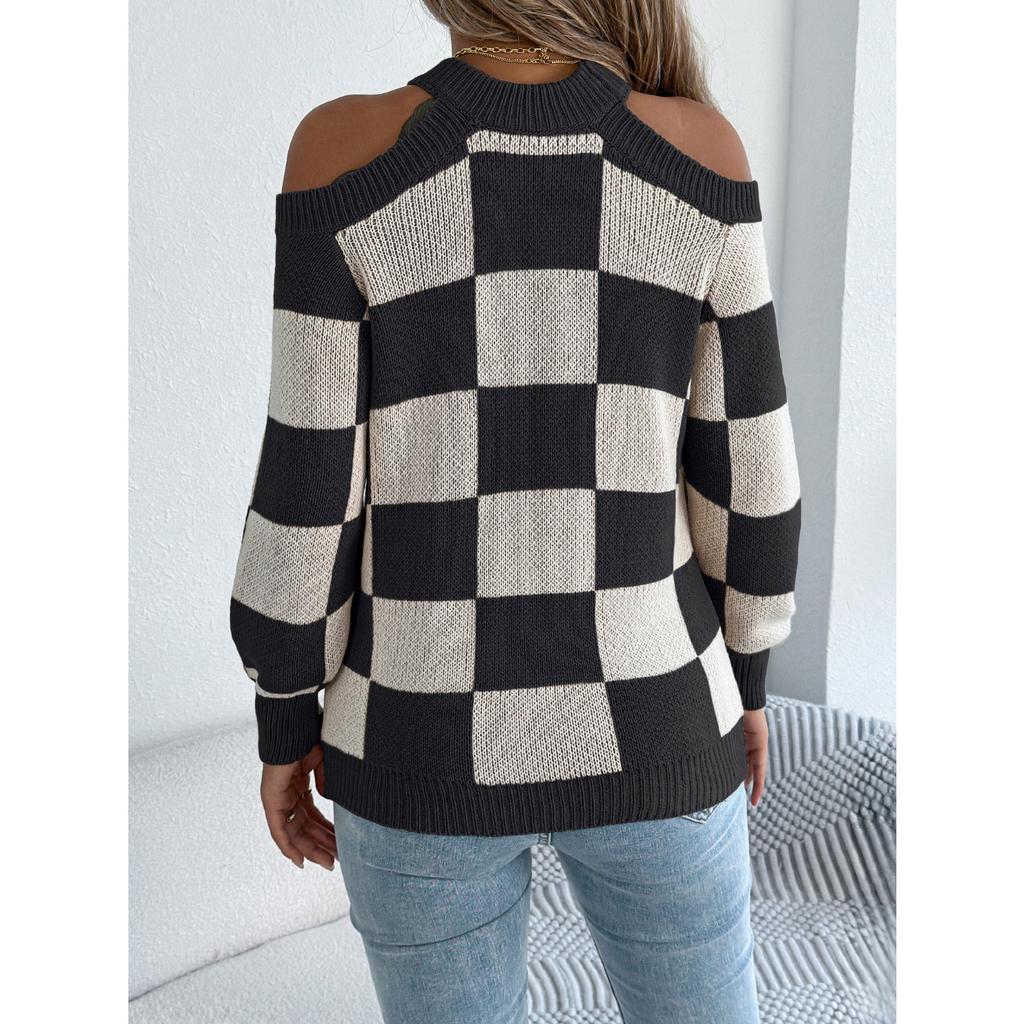 QICED Autumn and Winter Casual Off-the-shoulder, Color-blocking Checkered Lantern Long-sleeved Sweater Women's Wear