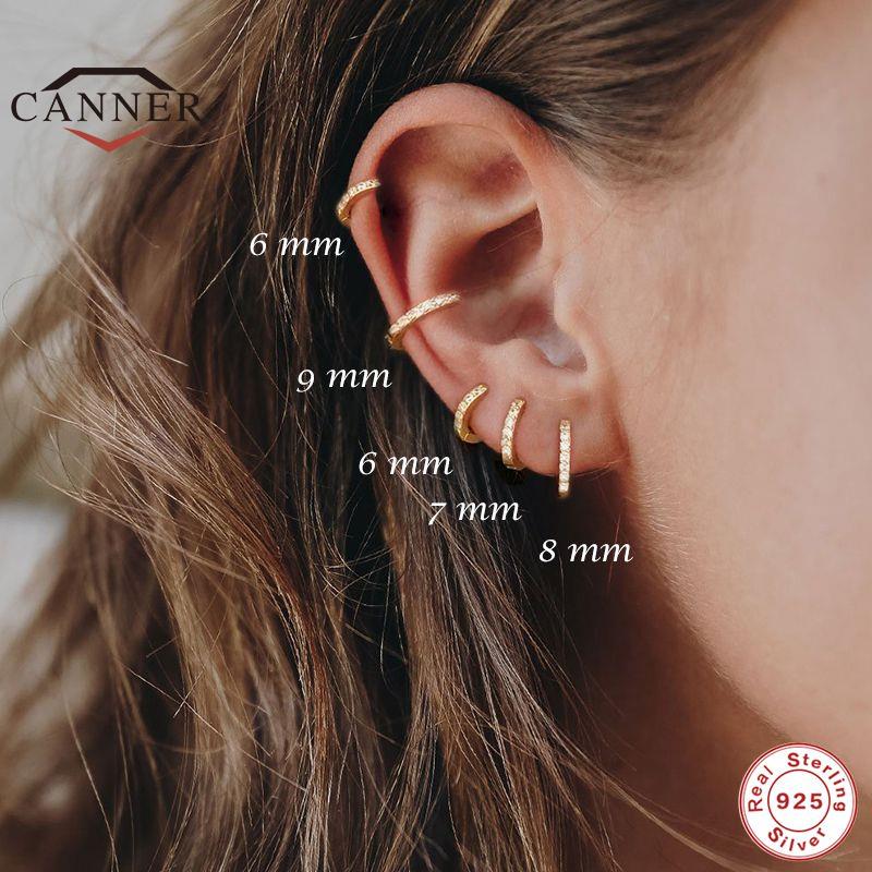 CANNER Real 925 Silver Ear Hoop Piercing Earrings for Women 6mm 7mm 8mm 9mm Geometric Round Huggie Earings Fine Jewelry