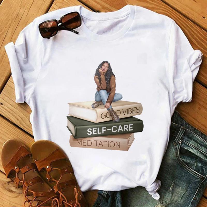 Футболка с модным принтом Kawaii Melanin T Shirt Women Funny Black African Curvy Hair Girl Graphic Tees Aesthetic T Shirt Female Unisex