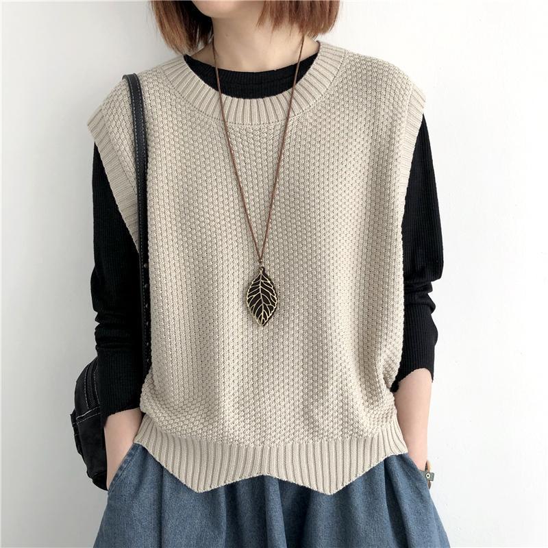 Fashion Knitted Vest Women's Clothes 2024 Autumn Solid Color Loose Round Neck Irregular Pullover Short Vest Outside The Waistcoat Winter