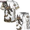 Мужской комплект футболок с 3D принтом Flying Dragon, мужской спортивный костюм/топы/шорты, спортивная одежда, крутой летний мужской костюм с короткими рукавами