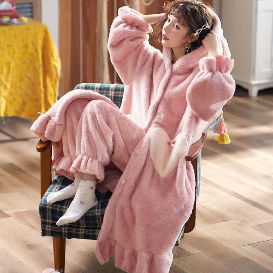 Coral Velvet Nightgown Women's Autumn and Winter Long Thickened Plush Home Clothes Lovely Flannel Pajamas Women's Two-piece Suit
