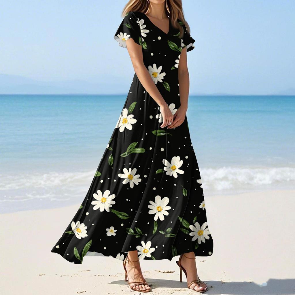 Женские летние повседневные модные платья с принтом и короткими рукавами и V-образным вырезом