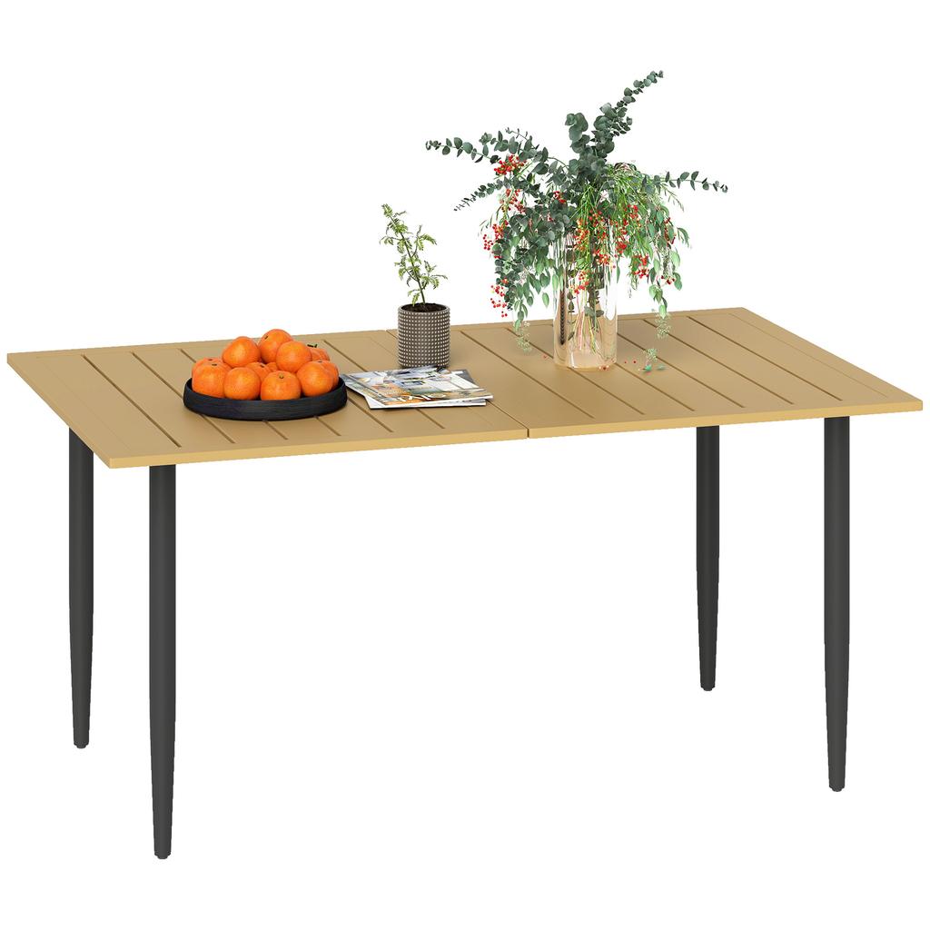 Garden Dining Table, 150 x 90 cm Rectangle Outdoor Table with 5 cm Parasol Hole, Slatted Tabletop and Steel Frame for Patio Balcony