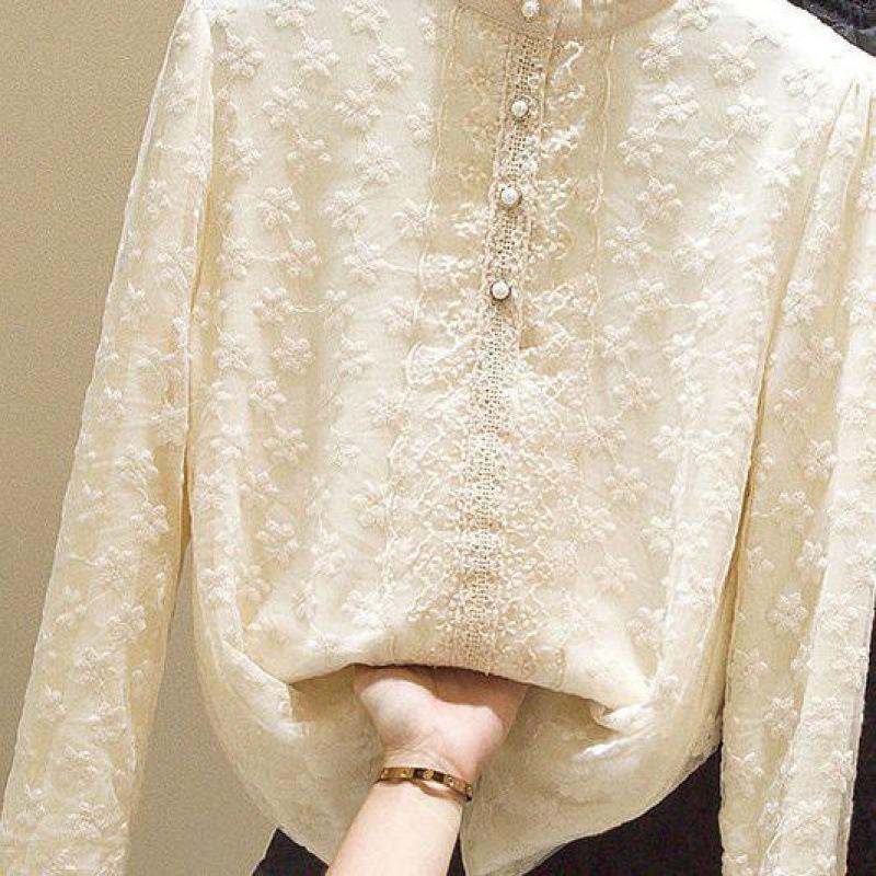 Women's Fleece-Lined Lace Top with Stand-Up Collar - Autumn/Winter Embroidered Mesh Long Sleeve Slim Fit Shirt