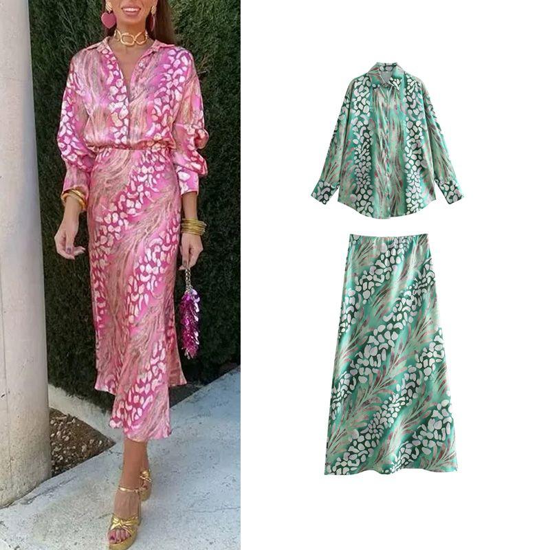 Spring and Summer New European and American Holiday Style Silk Satin Texture Print Shirts High Waist Slimming Midi A Word Skirt