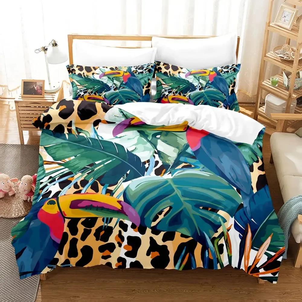 3D Toucan Duvet Cover Set Safari Animals Bedding Sets Tropical Jungle Birds Comforter Cover,Boys Girls Fresh Nature Quilt Cover
