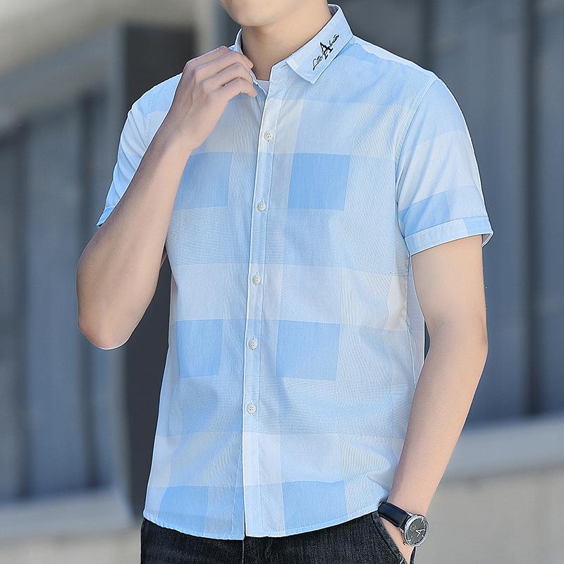 Новая летняя мужская клетчатая рубашка с короткими рукавами. Тонкая модная красивая повседневная мужская универсальная клетчатая рубашка.