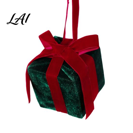 Xmas Holiday Table Decor Velvet Gift Box Christmas Tree Ornament Square Shaped Hanging Red Green Decorations Decoration with Bow for Winter