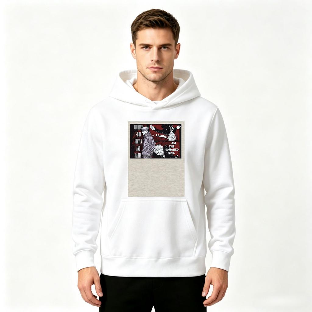 Men Anime Print Long Sleeve Pullover Hoodie Casual Heaven Earth Quote Graphic Sweatshirt for Daily Wear