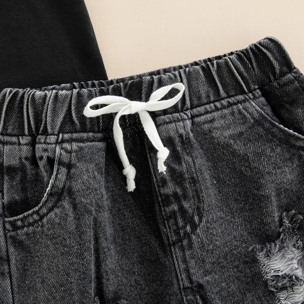 Комплект из 2 предметов для маленьких мальчиков, однотонная футболка с круглым вырезом и короткими рукавами, топ + рваные джинсы, комплект джинсовых брюк