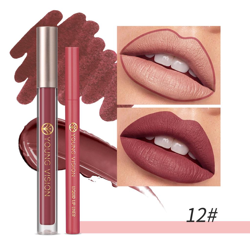 YOUNG VISION Lip Glaze + Lip Liner 2 Sets of Lip Liner Are Not Easy To Stick Cup Lip Glaze