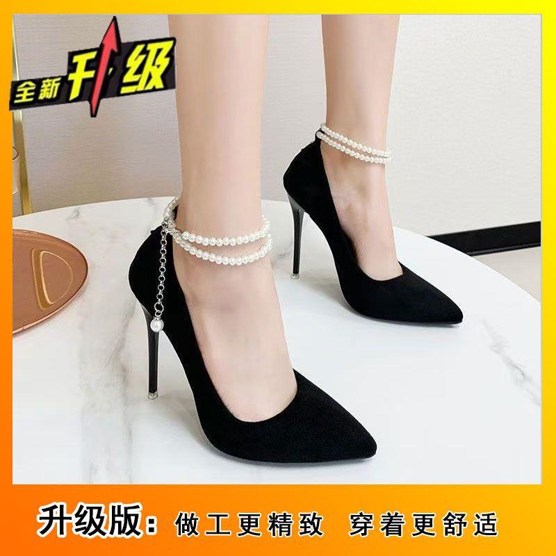 High heels women 2025 new stiletto one-word buckle, premium non-slip fairy pointed suede black pearl single shoes