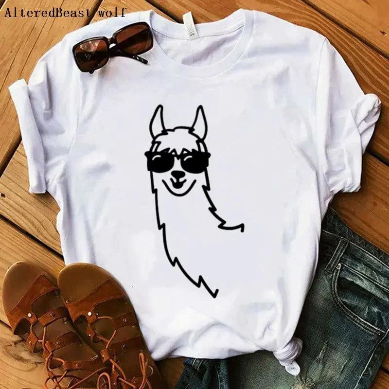 NO DRAMA LLama TShirts Women Funny Printed Llama T Shirt Femme Women Cartoon Short Sleeve White Tops Christmas Tshirt Clothes