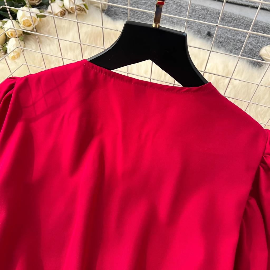 French Style Set with Women's Design Sense, Tie Up Waist, V-neck, Bubble Sleeve Shirt, High Waist, Big Swing Skirt, Two-piece Skirt Set