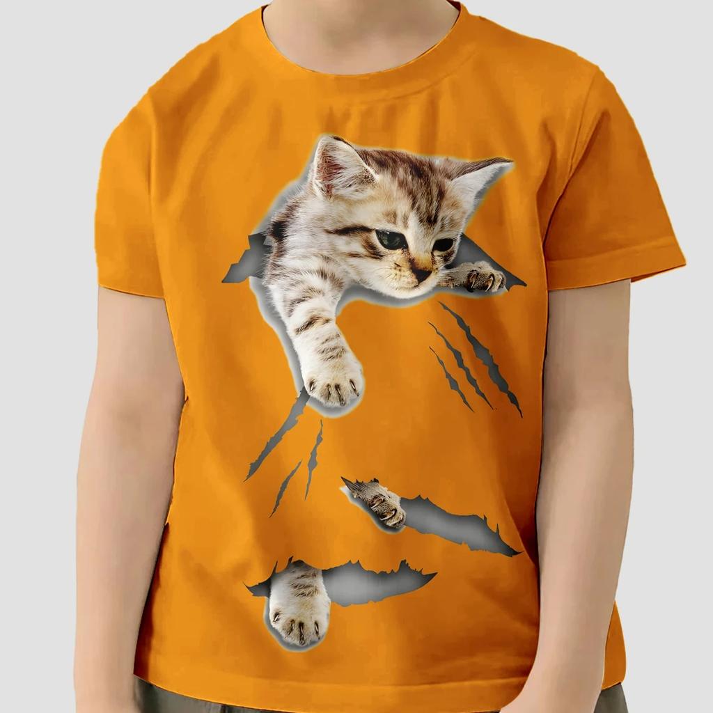 Детская одежда Футболка для девочек и мальчиков с коротким рукавом Детская летняя одежда Футболка с рисунком кота в виде 3D-мультяшной футболки