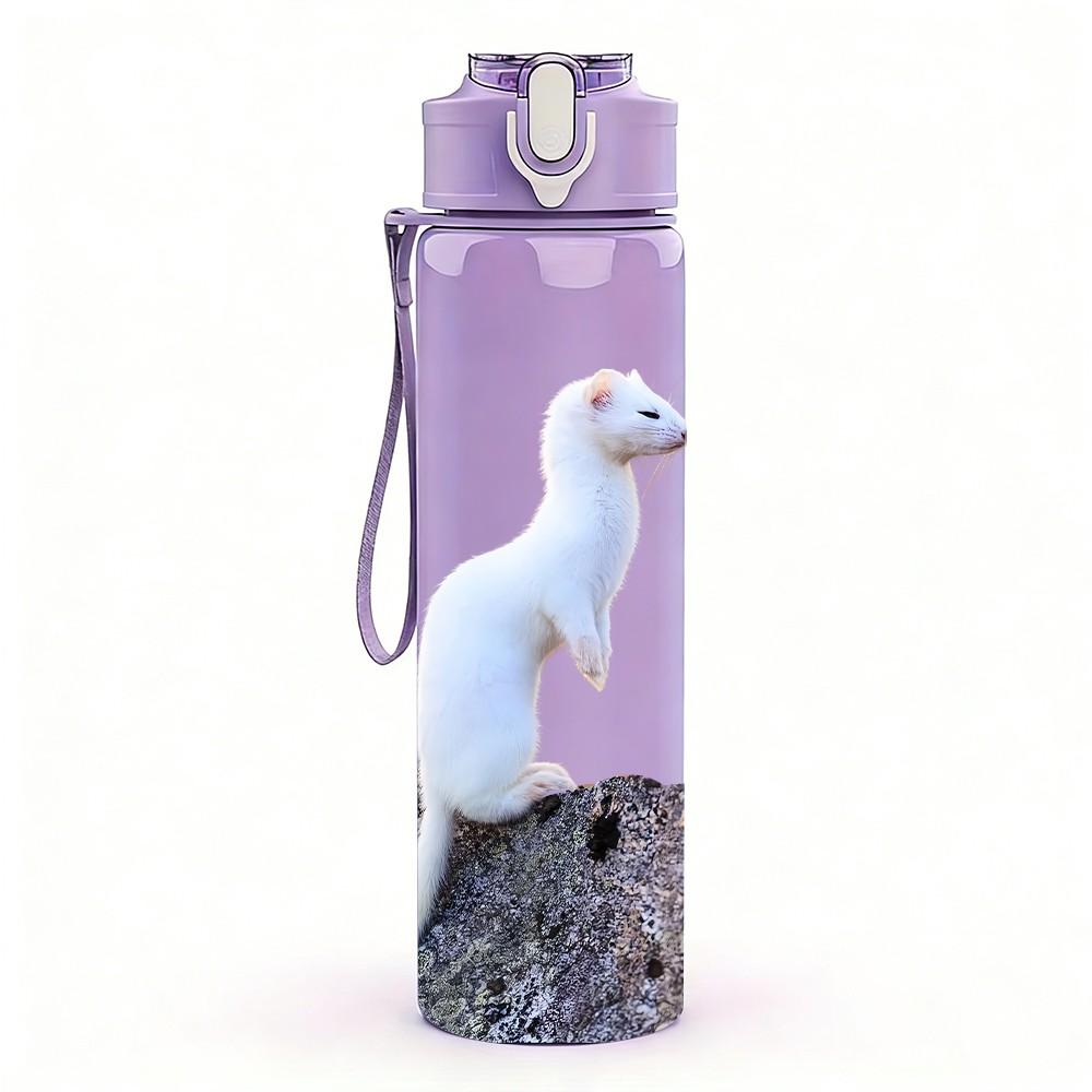 1PC White Rat Small Animal Print 750ml Color Plastic Sports Water Bottle Leakproof Flip Straw Lid Suitable for Sports Office Home Use