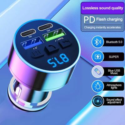 Bluetooth 5.0 FM-передатчик Громкая связь Автомобильный AUX Радиомодулятор MP3-плеер 66 Вт Двойной Type-C USB Быстрая зарядка с вольтметром