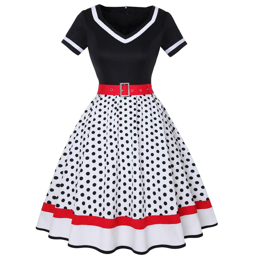 Vintage Polka Dot V Neck Maxi Dress With Piping For Evening Wear