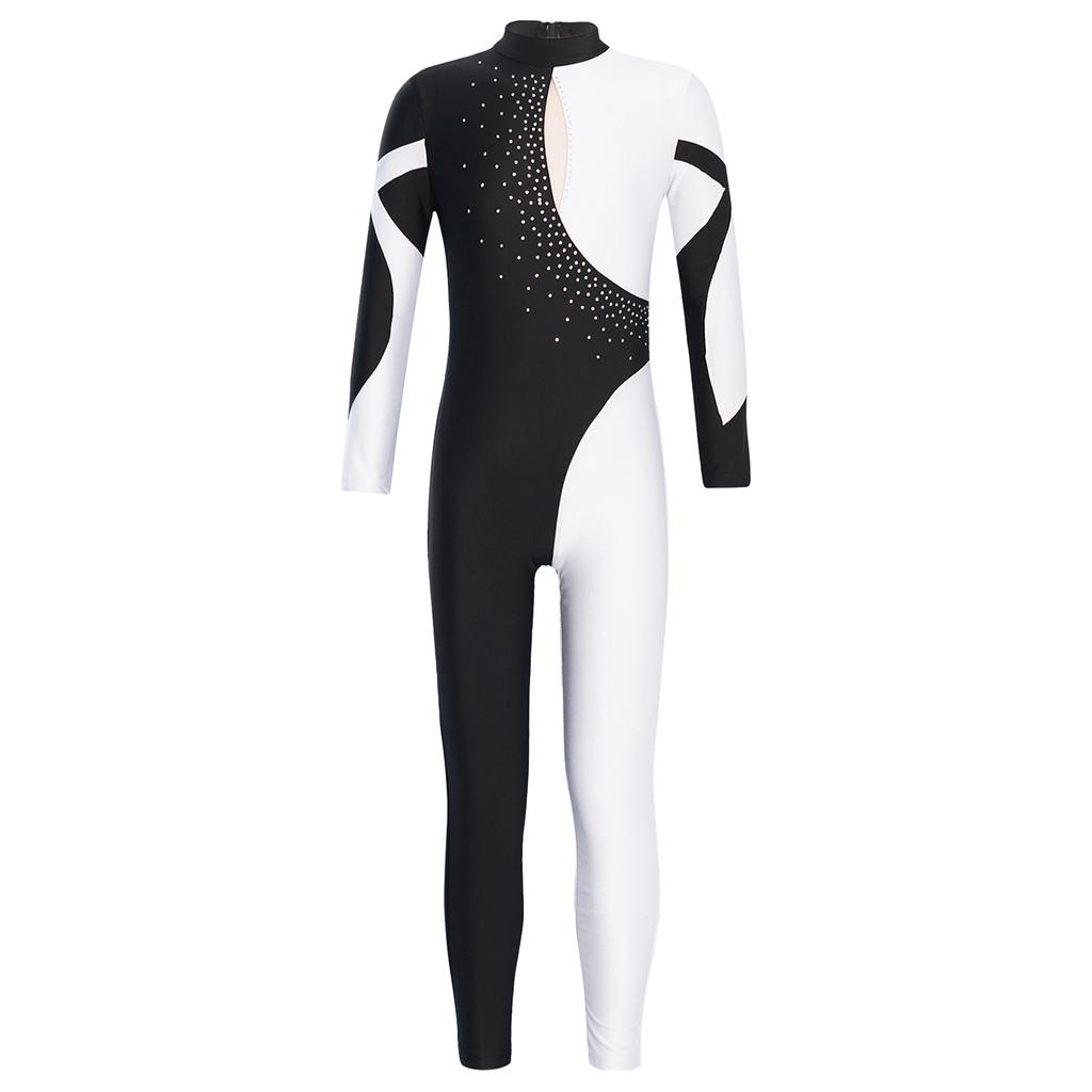 Girls Long Sleeve Stand Collar Shiny Rhinestone Decorated Contrast Color Hollow Back Dance Jumpsuit Performance Costume
