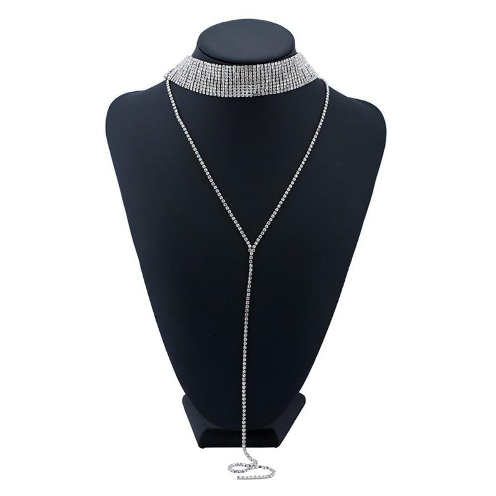 Y-shaped Rhinestone Necklace Gold Long Choker Elegant Multi-Layer Necklace  Wedding